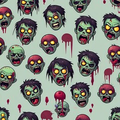 wallpaper background of scary cartoon zombie heads with dripping blood on a light background, some with black hair