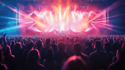 People gather for a music rock festival concert in a stadium, a big stage illuminated by floodlights. Ai generation