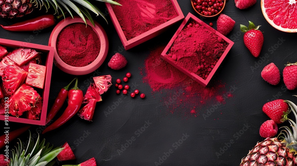 Poster a fruit and vegetable display with an array of colorful produce and a bowl of vibrant red powder