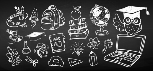 Vector cute chalk drawn illustration collection of back to school education symbols and objects on chalkboard background