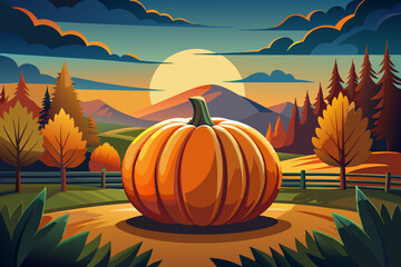 Orange pumpkin vegetable amidst farm landscape cartoon simple vector design illustration 