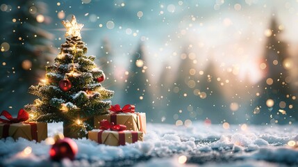 Obraz premium Christmas Tree And Gift Boxes On Snow In Night With Shiny Star and Forest - Winter Abstract Landscape