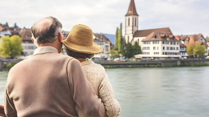 Fototapeta premium Elderly couple embracing while enjoying a scenic view of a riverside town