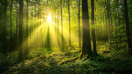 Fototapeta premium How about Sunlit forest path with morning mist and autumn 