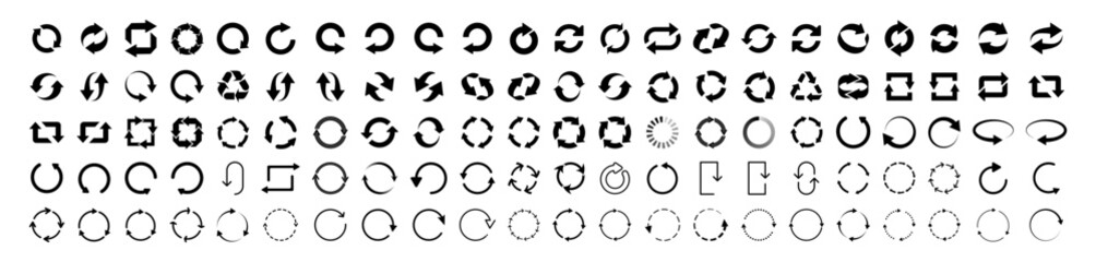 Arrows set of 110 black icons. Arrow icon. Set of circle arrows rotating on white background. Refresh, reload, recycle, loop rotation sign collection