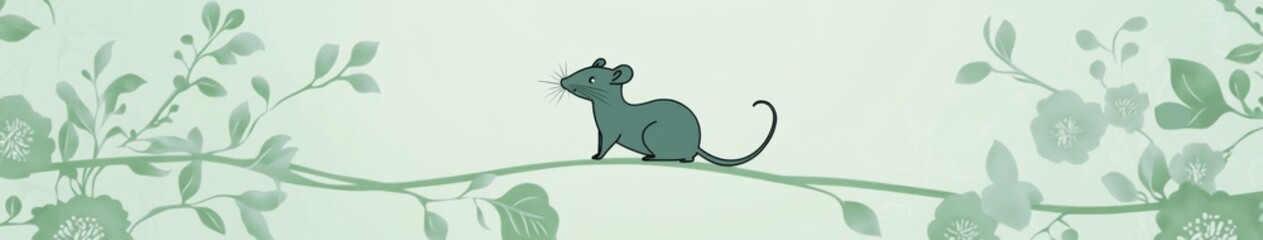 Obraz premium Subtle Elegance of the Zodiac Rat: A Minimalist Chinese-Style Illustration with Geometric Florals on a Serene Lime Backdrop