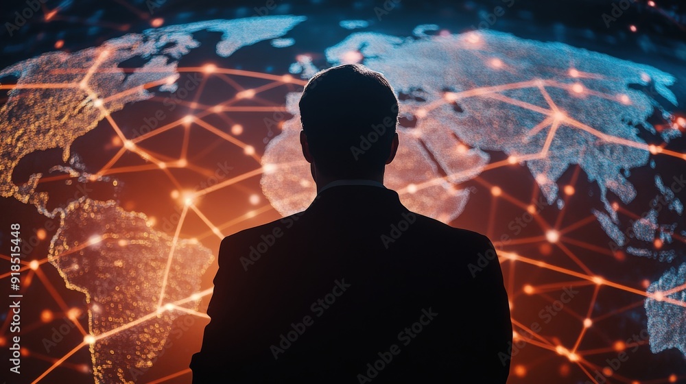 Poster a man is looking at a computer screen with a map of the world on it. the map is filled with lines an
