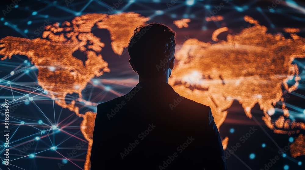 Aufkleber a man is looking at a computer screen with a map of the world on it. the map is filled with lines an