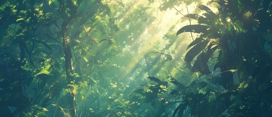 Dense jungle foliage with rays of sunlight filtering through the canopy