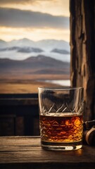 Scotch whisky on a wooden table, with a view of the Scottish Highlands and a cozy fireplace.