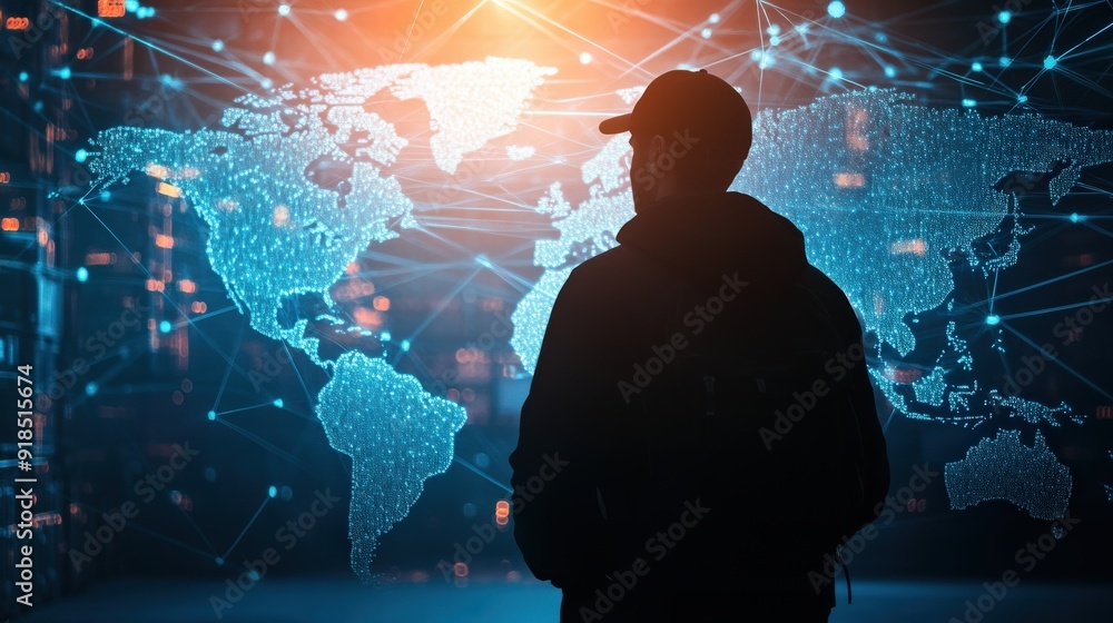 Poster a man is standing in front of a computer screen that shows a map of the world. the man is wearing a 