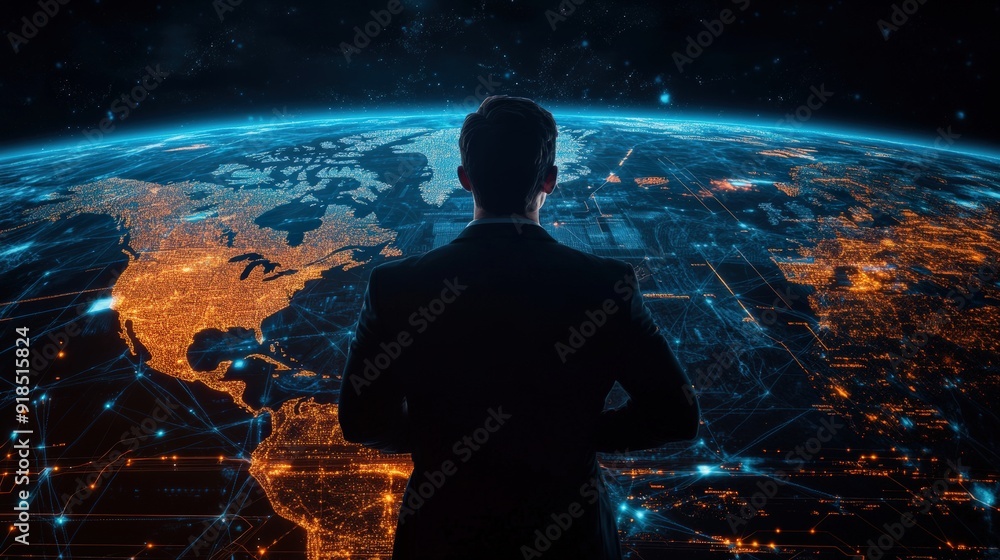 Poster a man in a suit is looking at a map of the world. the map is filled with lines and dots, and the man