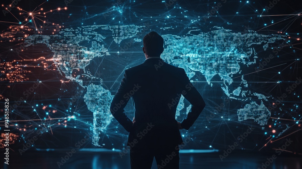 Poster a man in a suit is looking at a map of the world. the map is filled with lines and dots, and the man