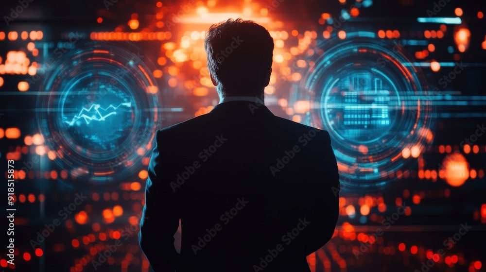 Poster a man is standing in front of a computer screen with two different images. the man is wearing a suit