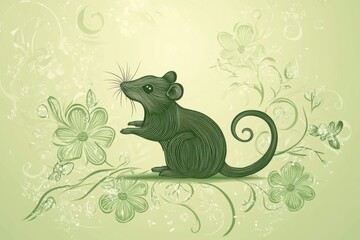 Subtle Elegance of the Zodiac Rat: A Minimalist Chinese-Style Illustration with Geometric Florals on a Serene Lime Backdrop