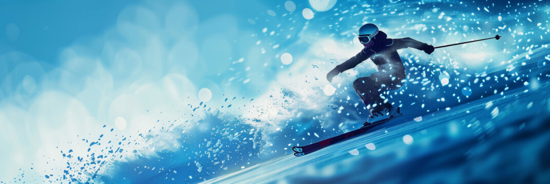 Dynamic Abstract Depiction of a Ski Jumper Navigating a Frosty Blue Mountain Landscape at Dusk - Powered by Adobe