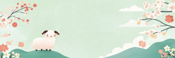 Zodiac Sheep in Tranquil Bloom: A Minimalist Chinese-Style Illustration with Geometric Florals on a Serene Lime Canvas