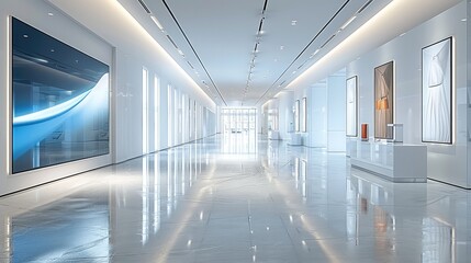 Modern enterprise hall, tie display hall, light gray reflective floor, white ceiling, an oversized led screen near the front, and silk and tie displays on the wall. Generative AI.