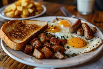 Classic American breakfast with eggs, sausage, toast, and hash browns.
