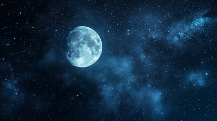 Bright Full Moon in a Starry Night Sky with Nebula