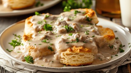 Close-up of biscuits and gravy on a white plate.