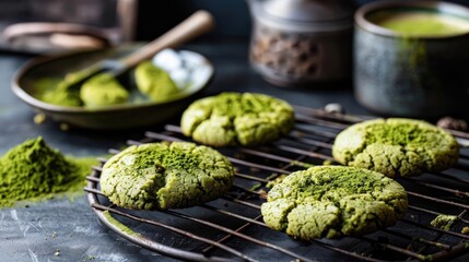 Close-up of freshly baked green tea cookies on a wire rack.