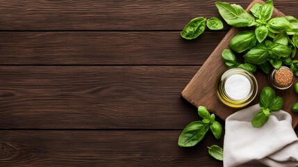 A rustic kitchen setup features a bottle of olive oil, fresh basil leaves, and a cloth napkin on a wooden cutting board against a dark wooden background