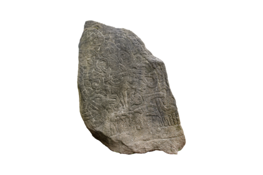 Jelling stone, replica of Harald Bluetooth's rune stone from Jelling, massive carved stone with viking inscriptions and a Christ figure, high-resolution PNG file, isolated on transparent background