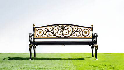 Fototapeta premium Color long bench with a beautifully designed metal frame, A metal bench with a curved design 
