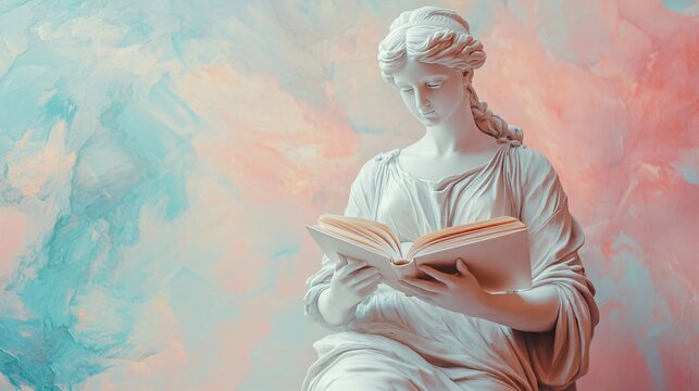 Classical statue of goddess reading ancient tome. Timeless portrayal of wisdom and knowledge for educational institutions, libraries, or literary events.  - Powered by Adobe