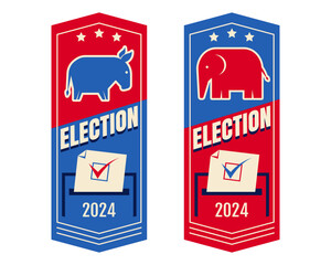 Vector set of banners for the 2024 US presidential election with elephant, donkey and ballot box. USA election 2024.