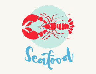 Obraz premium Vintage logo of red lobster is on plate in block print style. Retro illustration of lobster for seafood shop.