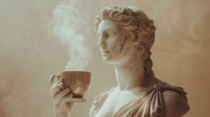 Classical marble statue holding steaming coffee cup. Surreal blend of ancient art and modern beverage. Unique concept for cafe decor, art galleries, or creative advertising campaigns