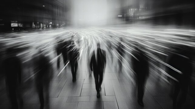 Blurred figures walking through a bustling urban street during dusk, creating a sense of movement and anonymity