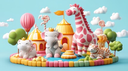 Fototapeta premium Whimsical Animal Kingdom with Elephant and Giraffe in Candyland Theme Park