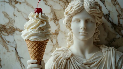 Classical marble statue holding ice cream cone. Surreal fusion of ancient art and modern treat. Whimsical concept for dessert shops, art galleries, or creative advertising campaigns