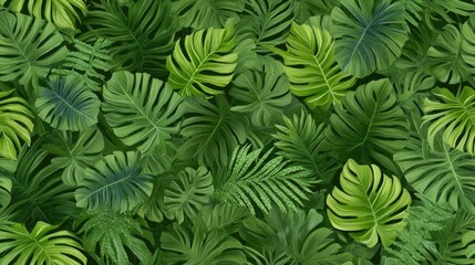A rich collection of various green leaves forms an organic pattern, showcasing the vibrancy of nature against a dark backdrop SEAMLESS PATTERN