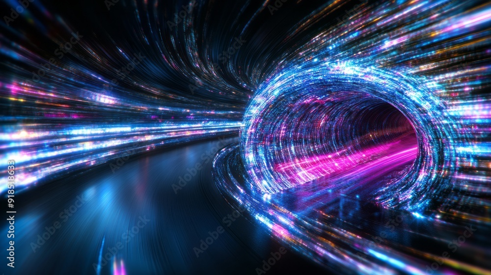 Poster colorful abstract tunnel of light with streaming patterns from a futuristic perspective