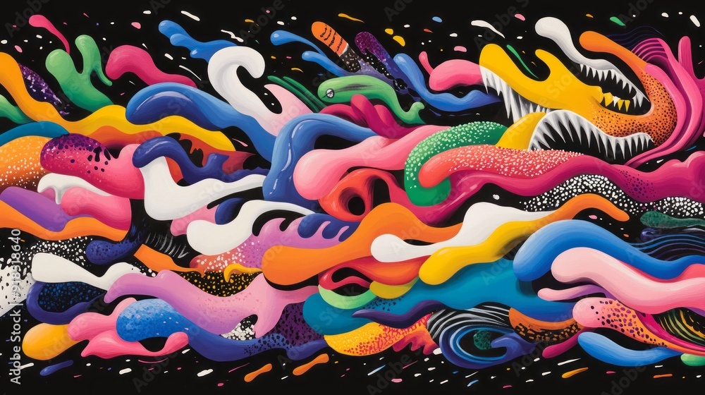 Poster colorful abstract artwork with flowing shapes and vibrant patterns in a modern style