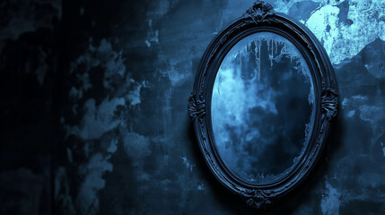 Obraz premium Antique Oval Mirror on Distressed Wall in Eerie Blue Light