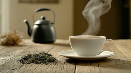 Fototapeta premium A close-up captures a steaming glass cup of black tea on a wooden table, with a vintage kettle and jars of herbs nearby, illuminated by warm light in a cozy kitchen