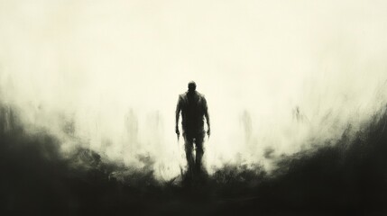 Obraz premium A solitary figure walks through a foggy landscape, surrounded by indistinct silhouettes at dusk