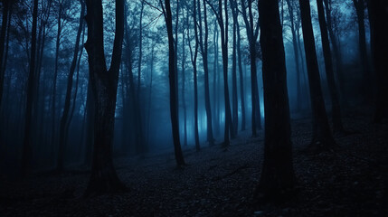 Naklejka premium Dark Foggy Forest at Night with Eerie Blue Light