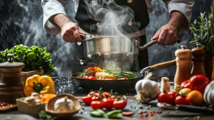 Chef stirring a pot with steam rising, surrounded by fresh ingredients on the counter