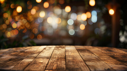 Wooden Tabletop with Defocused Bokeh Lights in Background