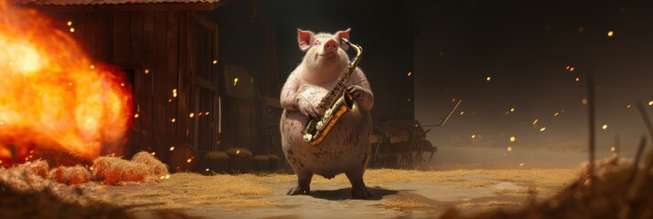 A whimsical, animated pig confidently plays a saxophone amidst a dramatic explosion, combining humor and creativity in a vibrant scene.