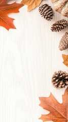 A rustic wooden background features rich autumn leaves and pine cones, creating a warm setting for creative text or design elements