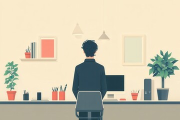 Fototapeta premium Young Professional Working from Home Office with Minimalist Decor and Indoor Plants