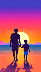 Fototapeta premium Silhouette of a father and son walking on the beach at sunset