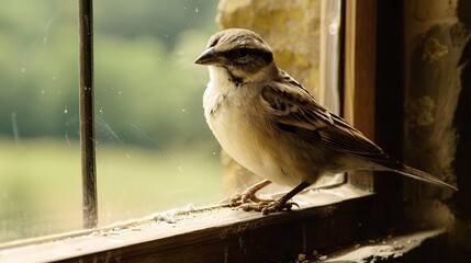  A bird perched on a windowsill, gazing at the verdant field beyond